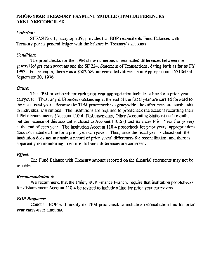 Prior-year treasury payment module differences are unreconciled