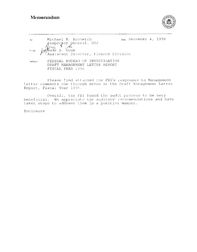Appendix I - Page 1: Memorandum - FBI Response to the Audit Recommendations