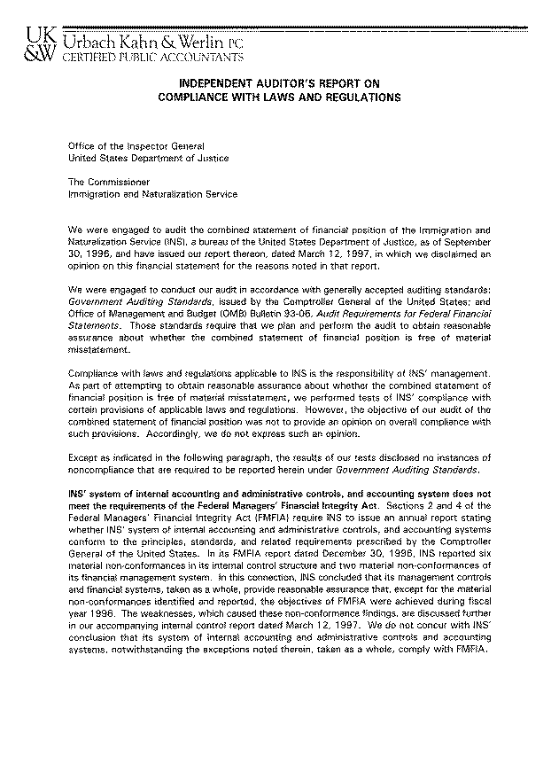 Independent Auditor's Report on Compliance with Laws and Regulations