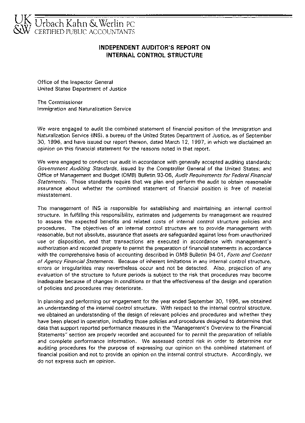 Independent Auditor's Report on Internal Control Structure