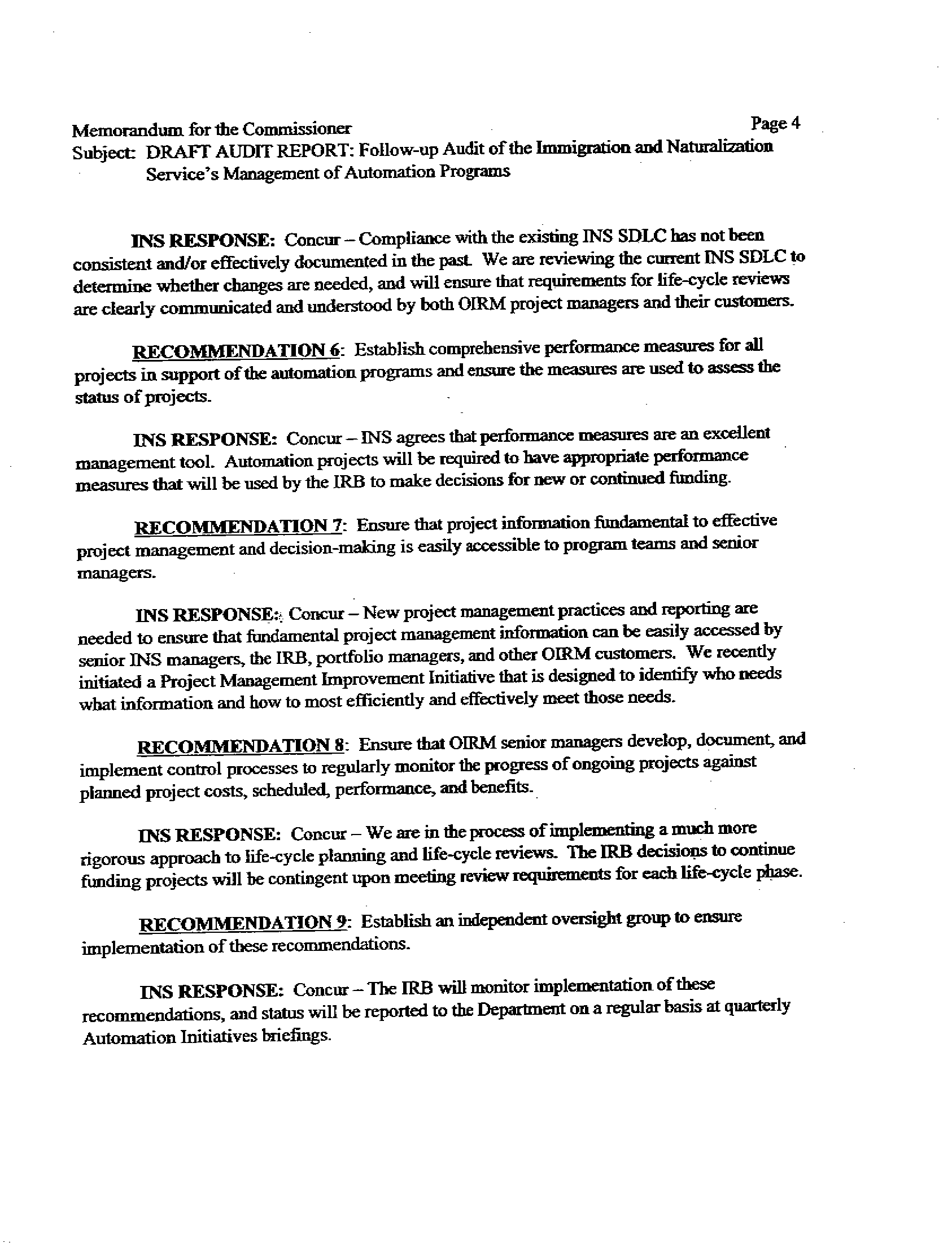 INS Reponse to the Draft Report