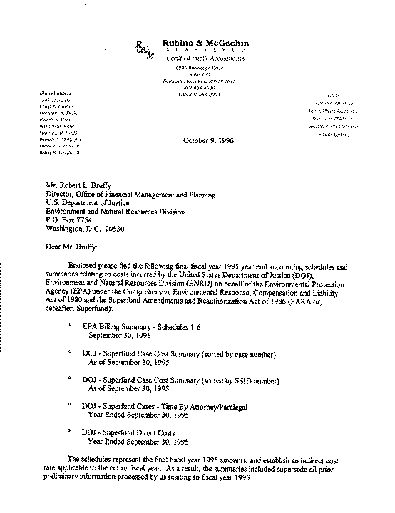 Letter to Mr. Robert L. Bruffy (Director, Office of Financial Management and Planning) from Rubino & McGeehiin, Chartered